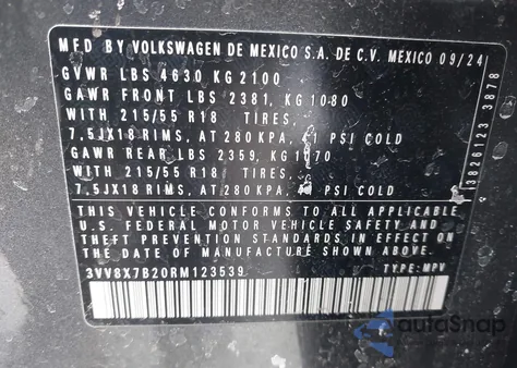 2024 Volkswagen Taos 1.5T S from USA, damaged, VIN 3VV8X7B20RM123539